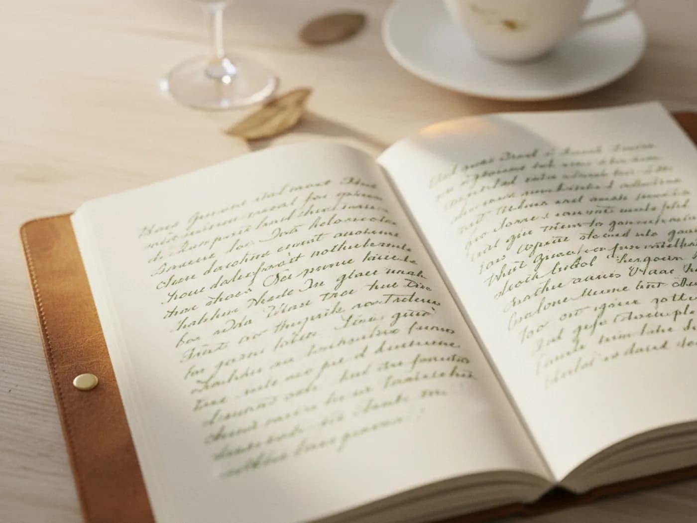 Ein aufgeschlagenes, handbeschriebenes Notizbuch auf einem Holztisch