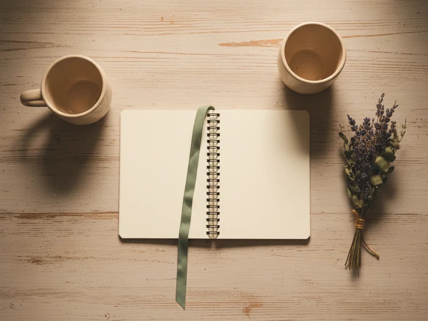 Zwei Tassen, ein Notizbuch und Lavendel auf einem Holztisch